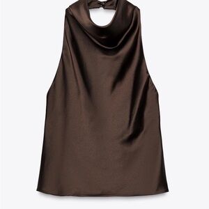 ZARA Satin Halter Neck Tank Top in Chocolate Brown